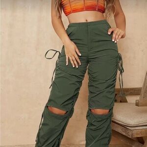 SHEIN Olive Green Ruched Cargo Track Pants with Knee Cutouts